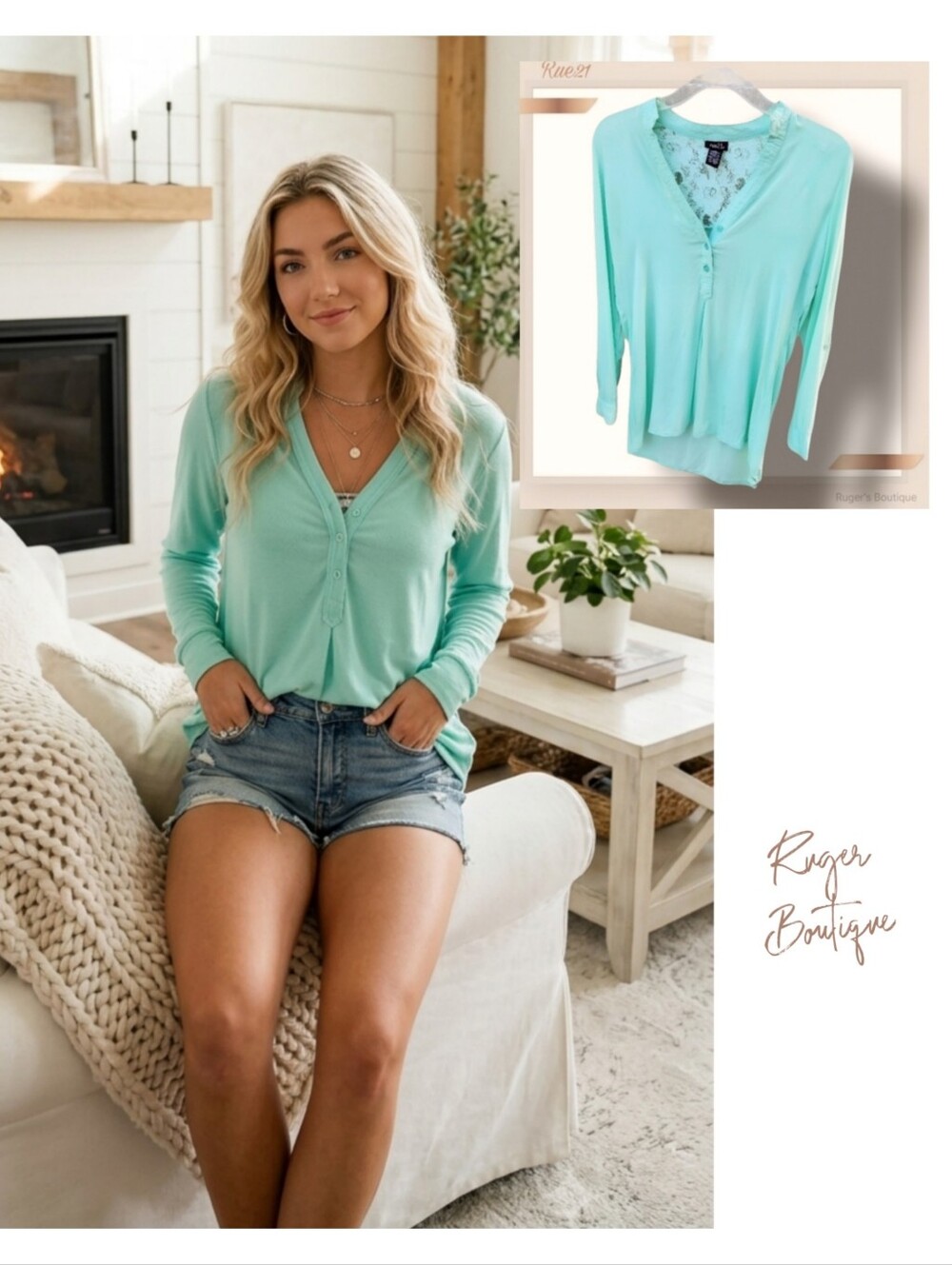 🌿Rue 21 Women's Aqua Long Sleeve Shirt size Small